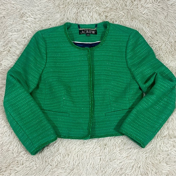 J. Crew Louisa Lady Summer Green Sequin Tweed Knit Gold Button Jacket | Size 6 - Picture 7 of 16